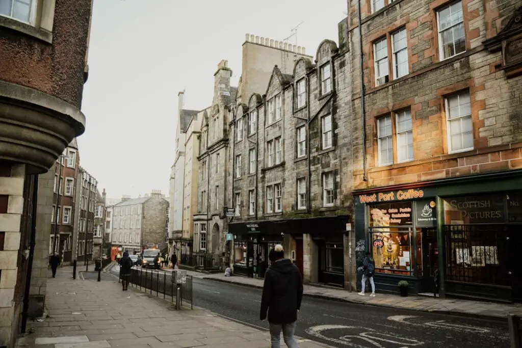 Edinburgh high street with independent businesses, representing local companies choosing WordPress and Elementor for web design